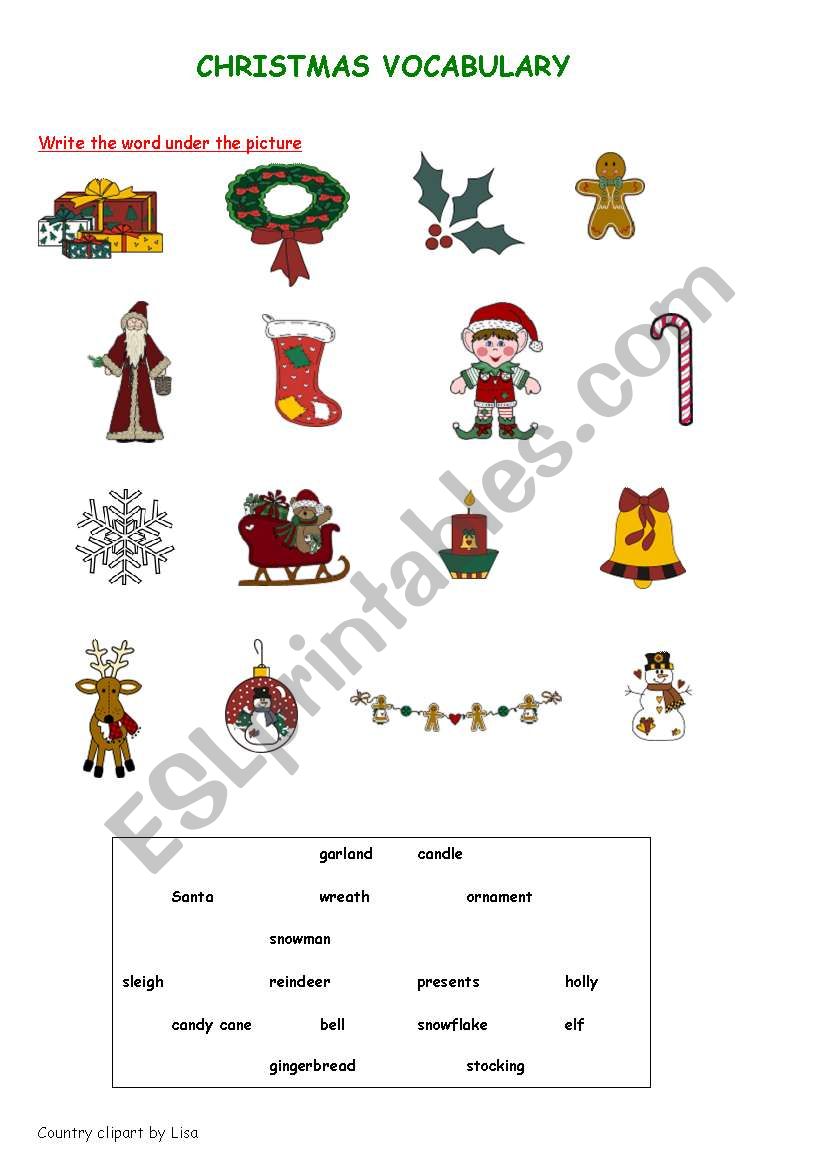 Christmas vocabulary worksheet