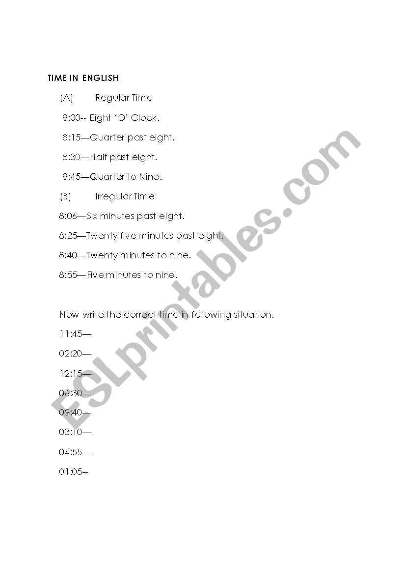Telling time in english worksheet