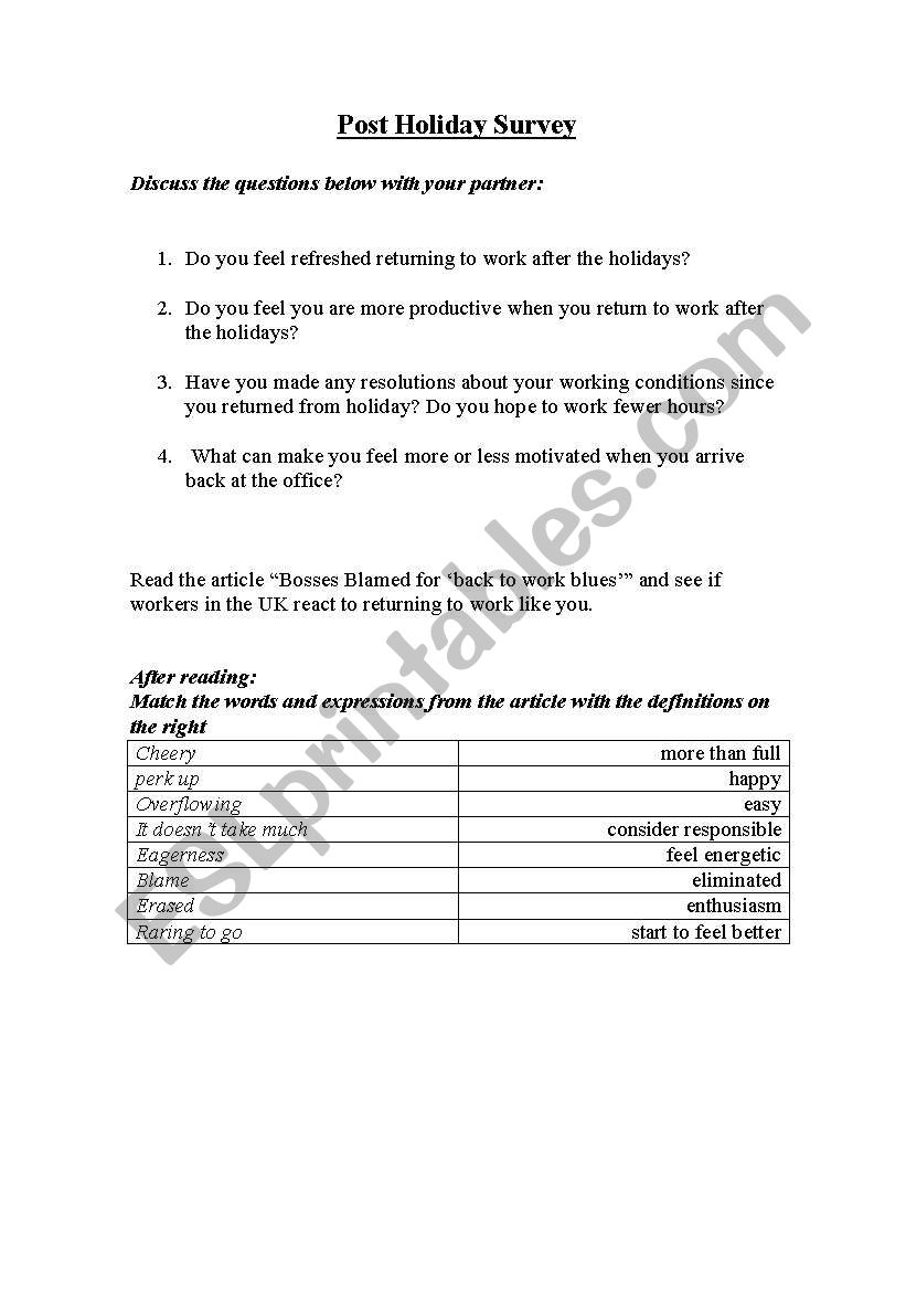 Post Holiday Survey worksheet