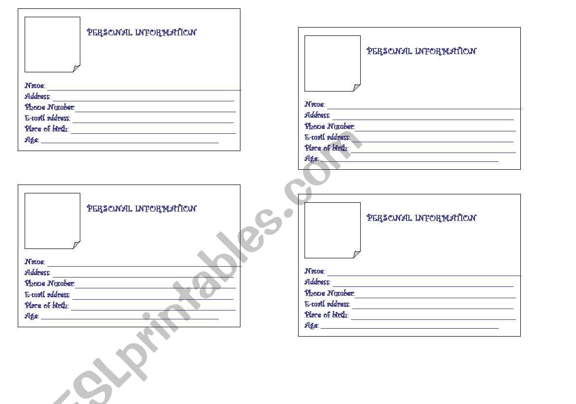 personal information cards  worksheet