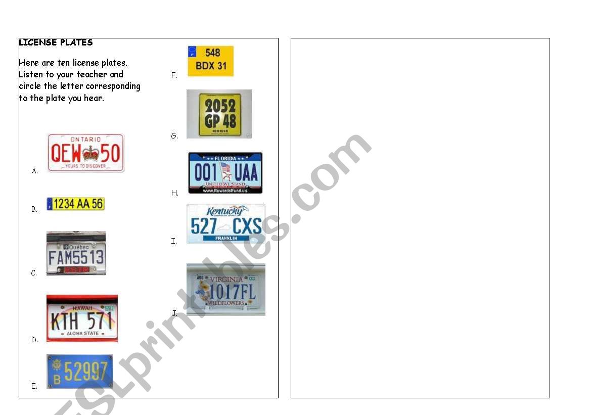 License plates worksheet