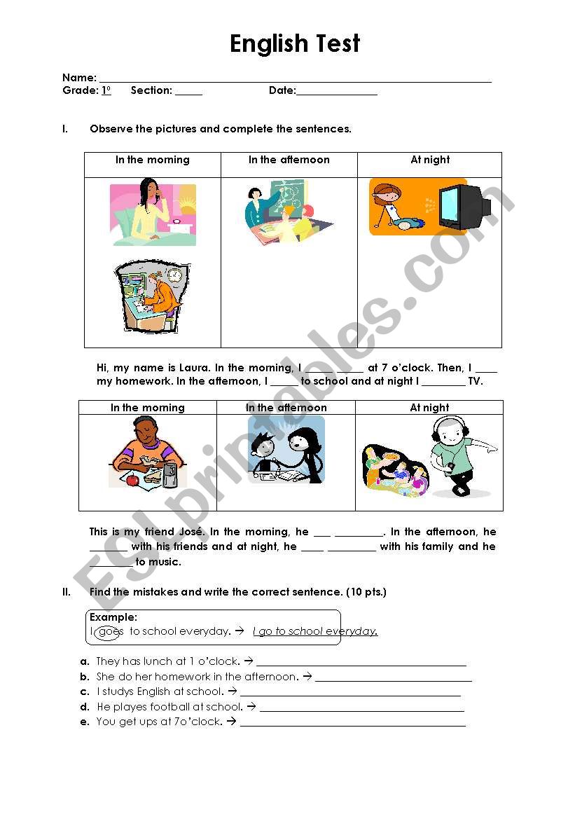 Present simple test worksheet