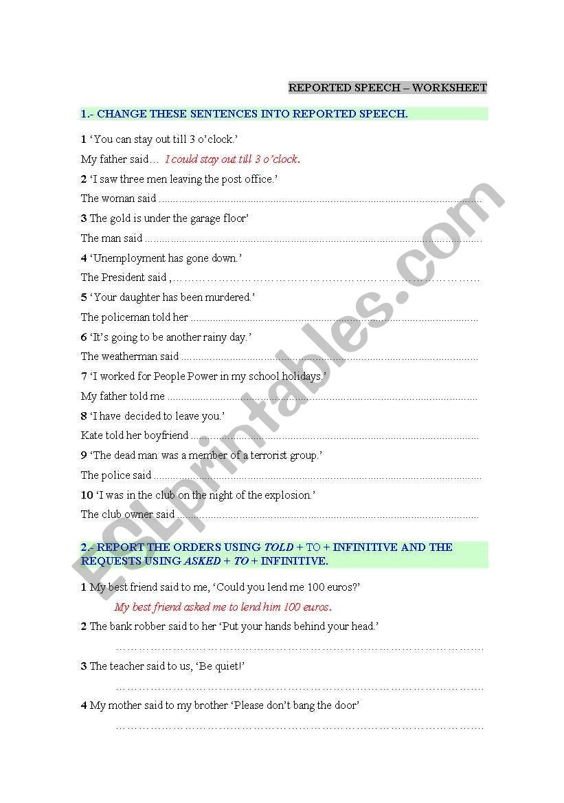 REPORTED SPEECH WORKSHEET worksheet