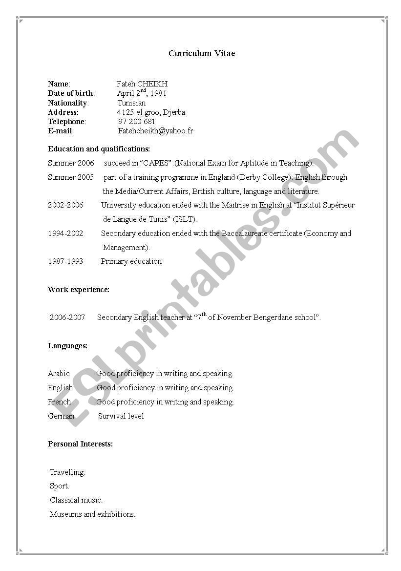 English Worksheets Cv