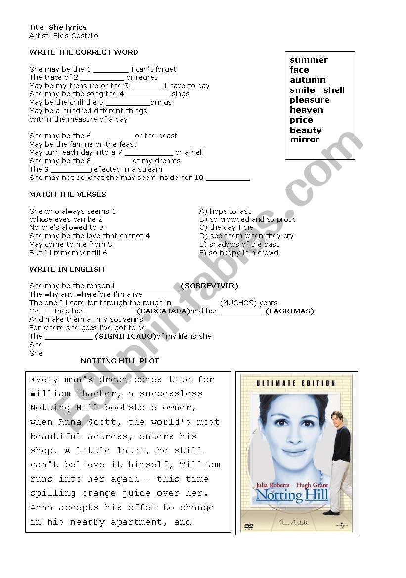 she song worksheet