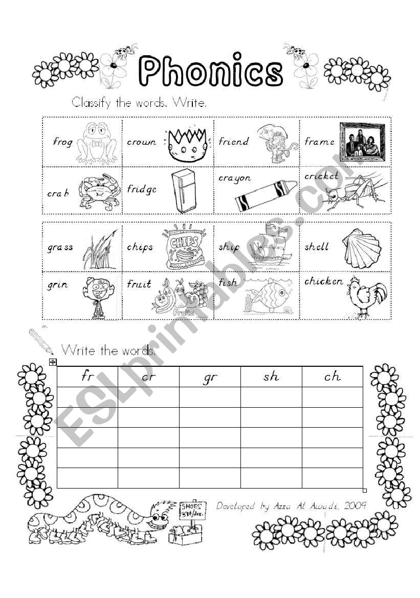 phonics practice/ blinds fr, cr, gr, sh, ch