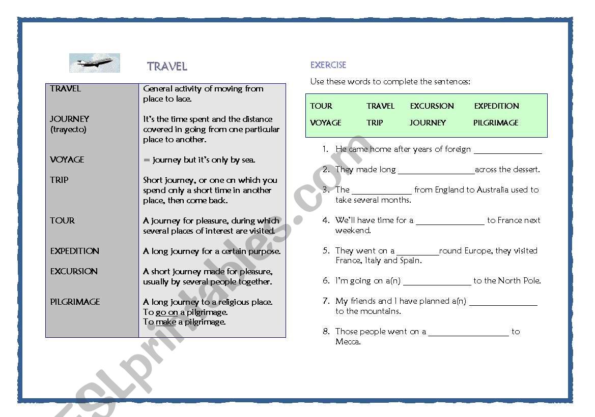 TRAVEL worksheet