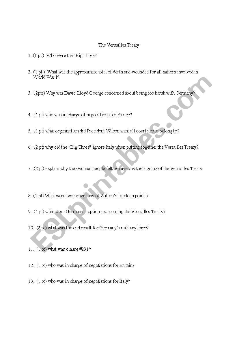 Treay of Versailles Questions sheet