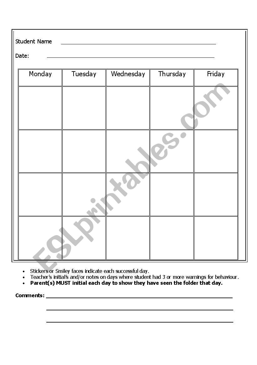 Daily Behaviour Chart worksheet