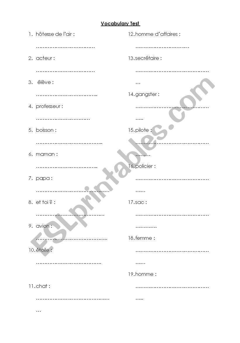 Vocabulary test english class worksheet