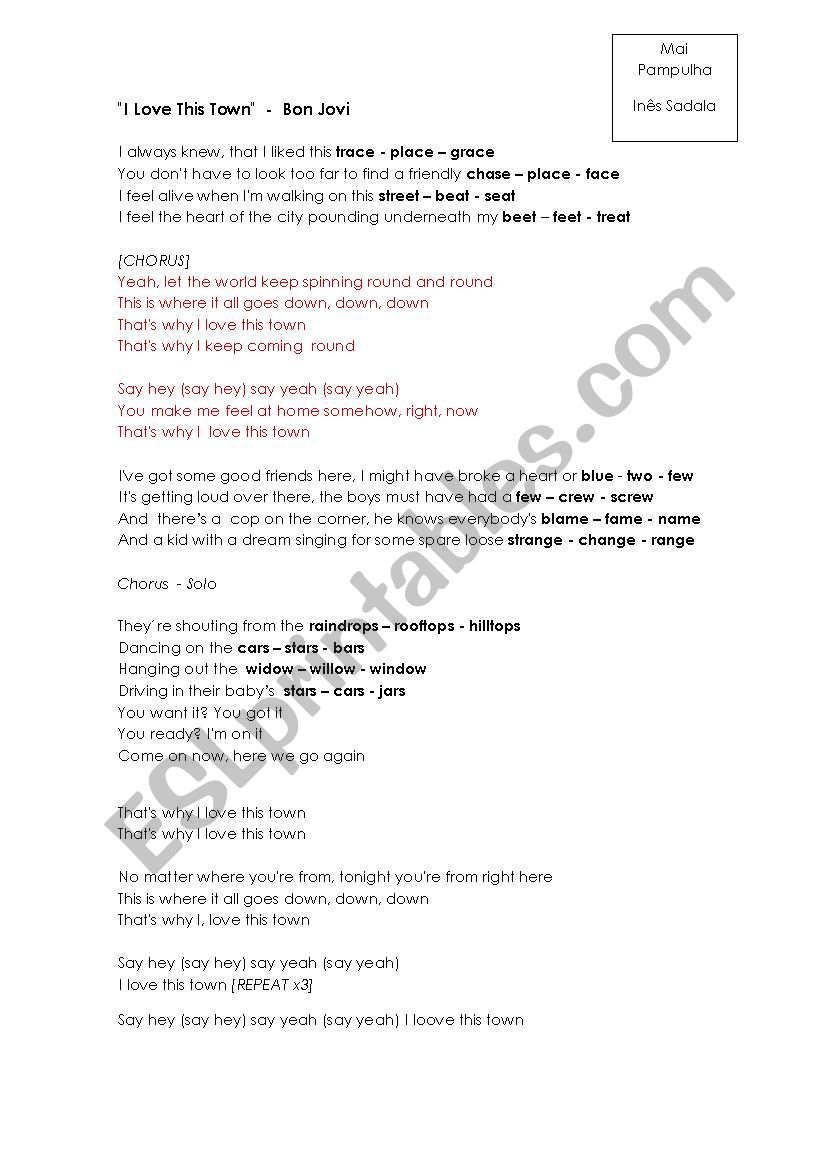 I love this town - Bon Jovi worksheet