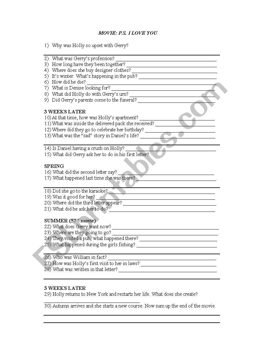 Movie: PS I love you worksheet