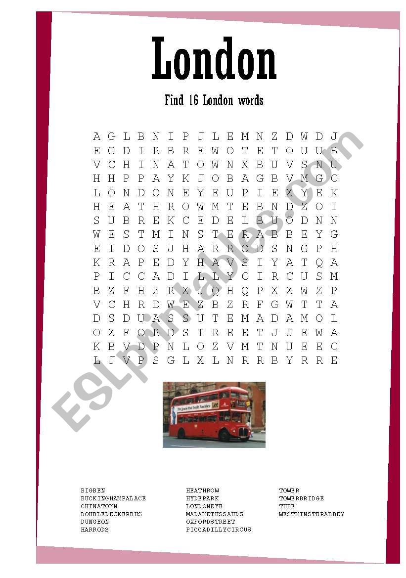 London Wordsearch worksheet