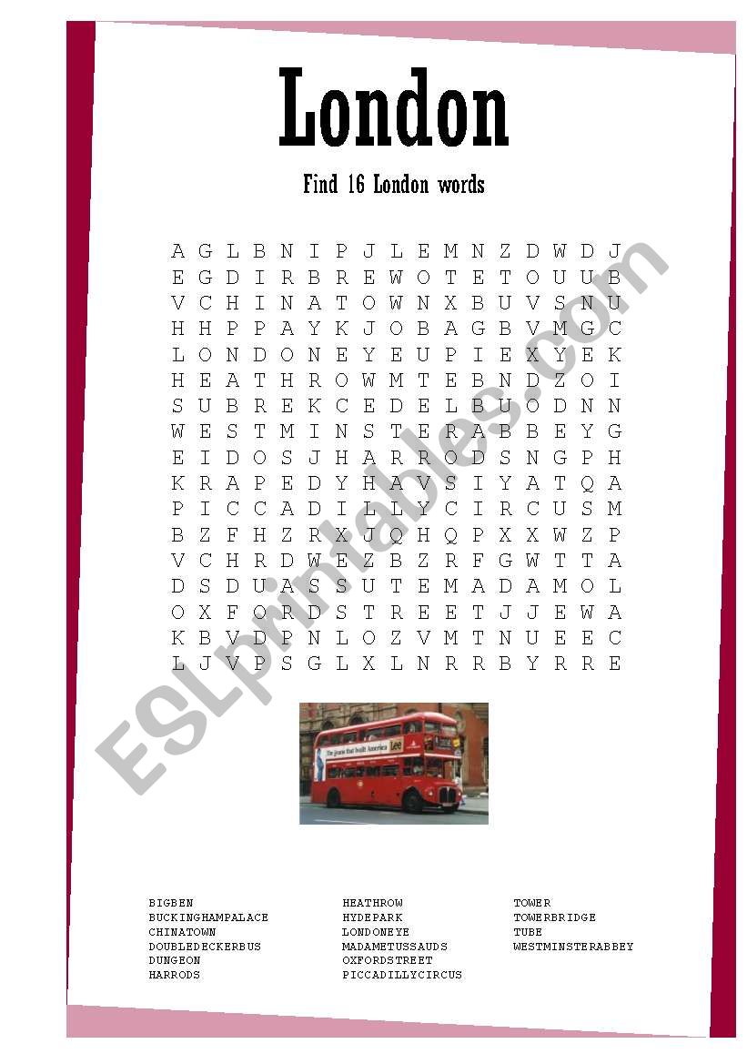 London Wordsearch worksheet