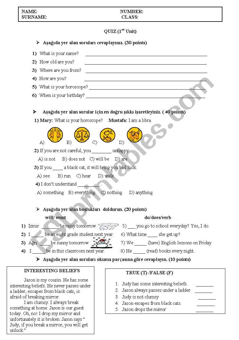 a test for 7th graders worksheet