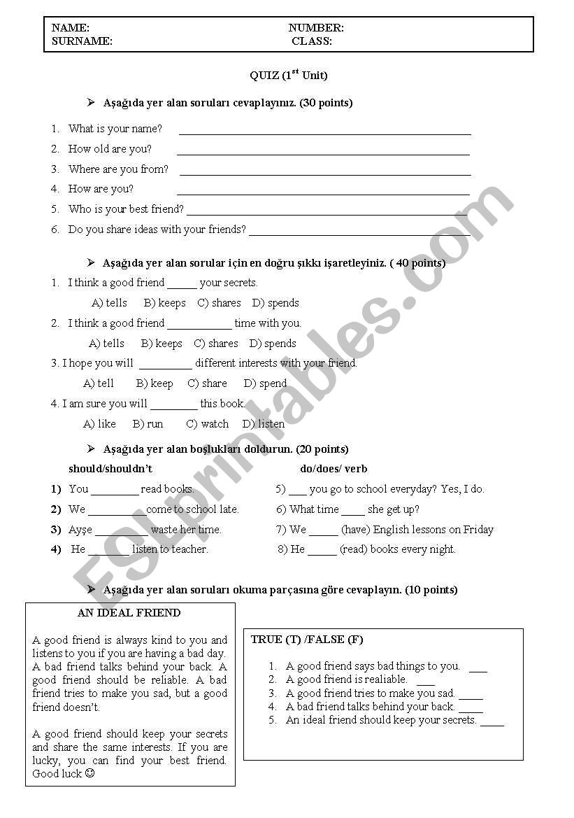 a test for 8th graders worksheet