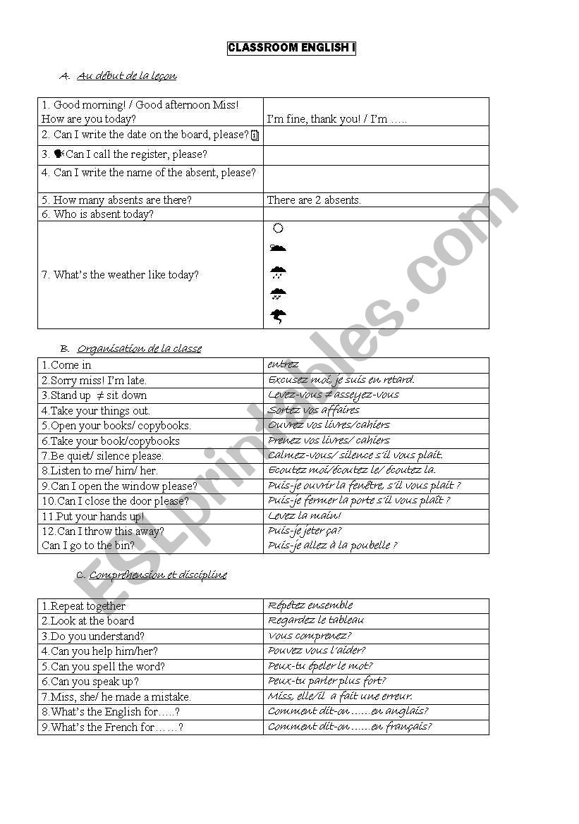 classroom english worksheet