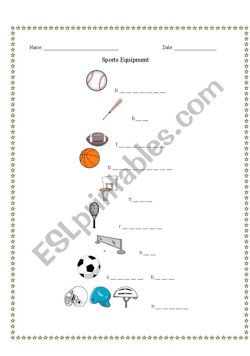 Sports Equipment Fill-In worksheet