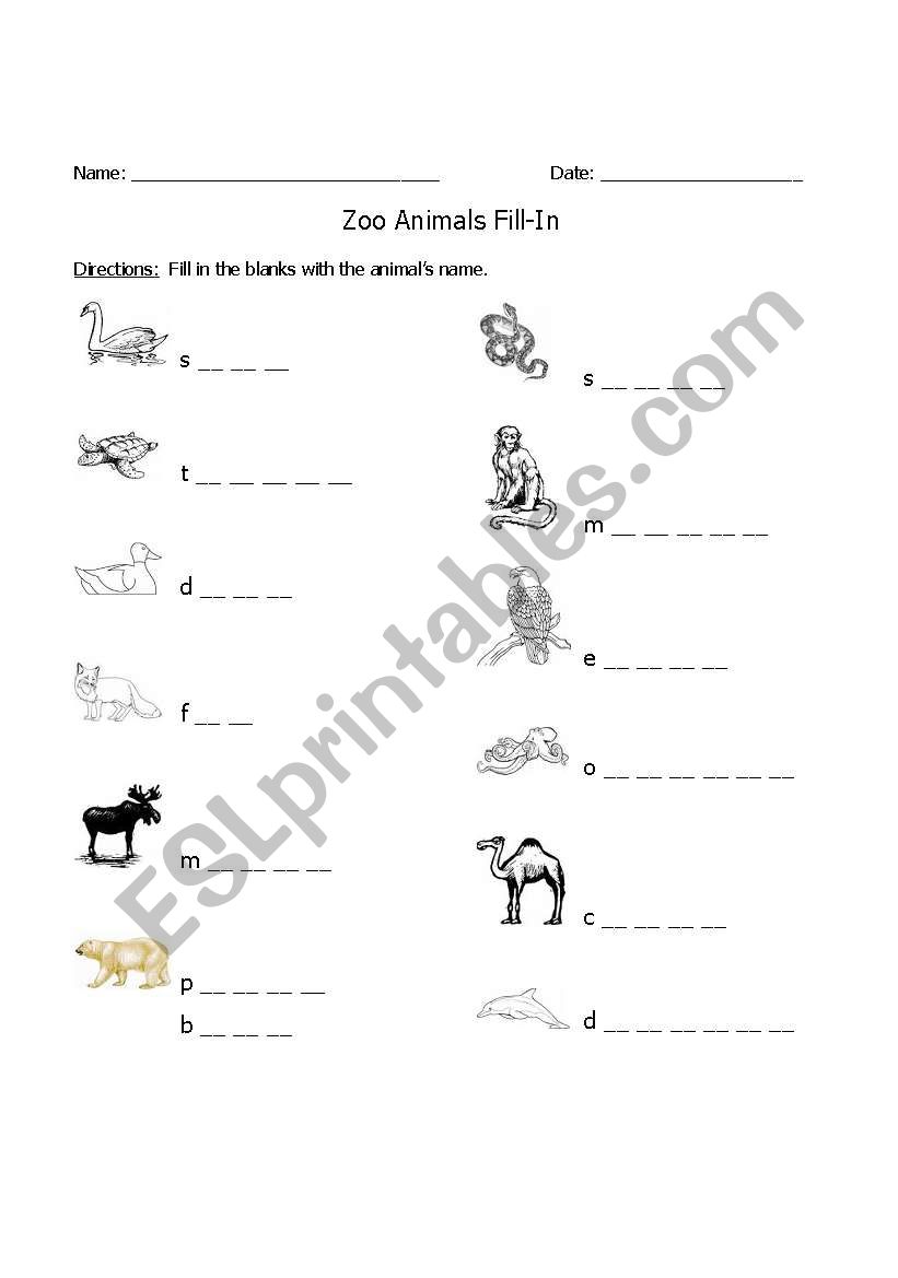Zoo Animals Fill-In worksheet