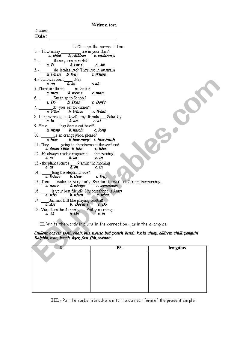 Written Grammar Test worksheet