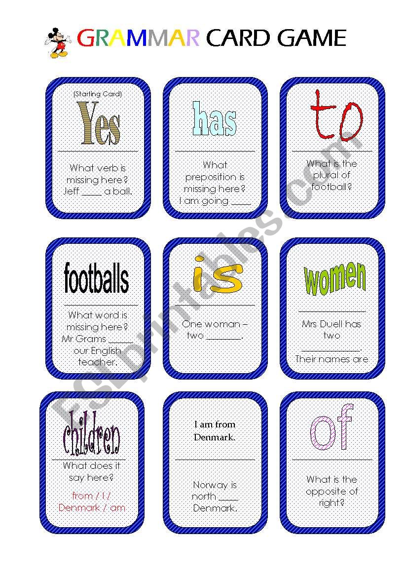 Grammar Card Game (3 pages) worksheet