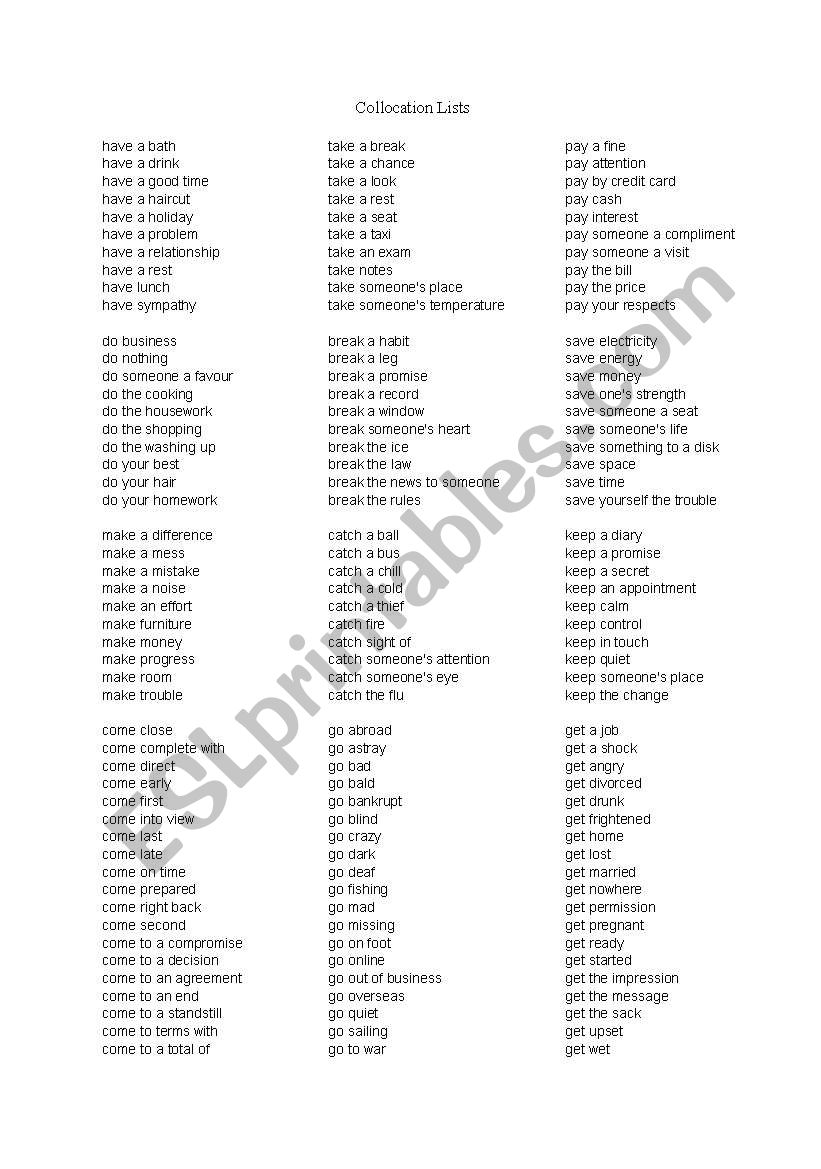 COLLOCATION LIST worksheet