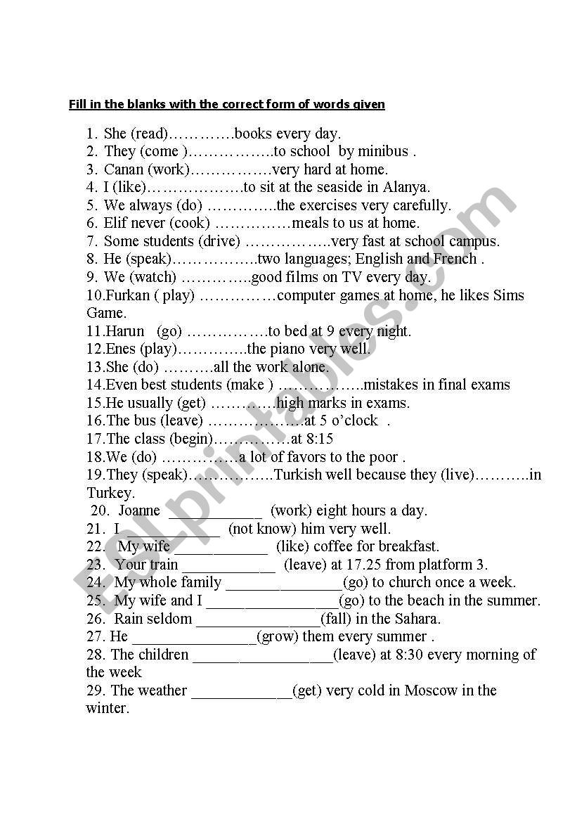 Simple Presen Tense worksheet