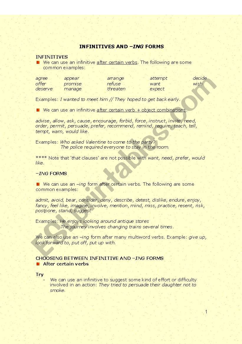 Infinitives and Gerunds worksheet