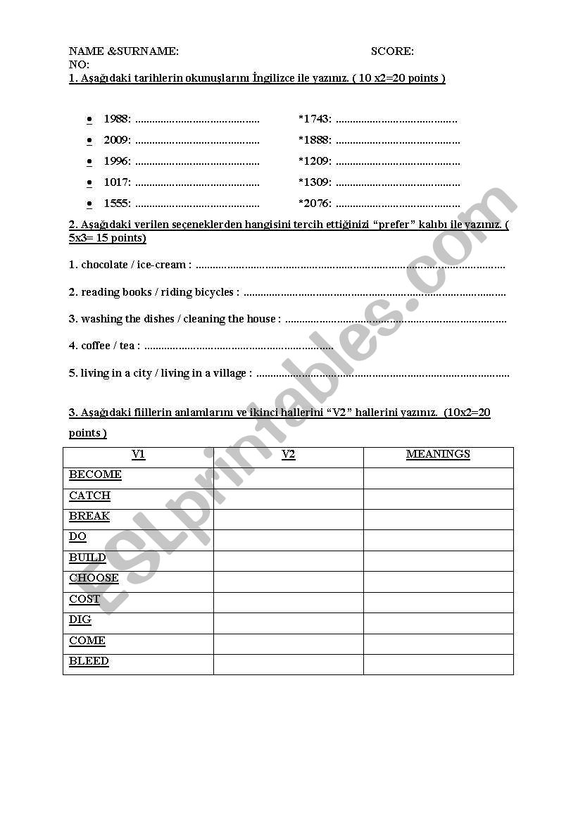 revision  worksheet