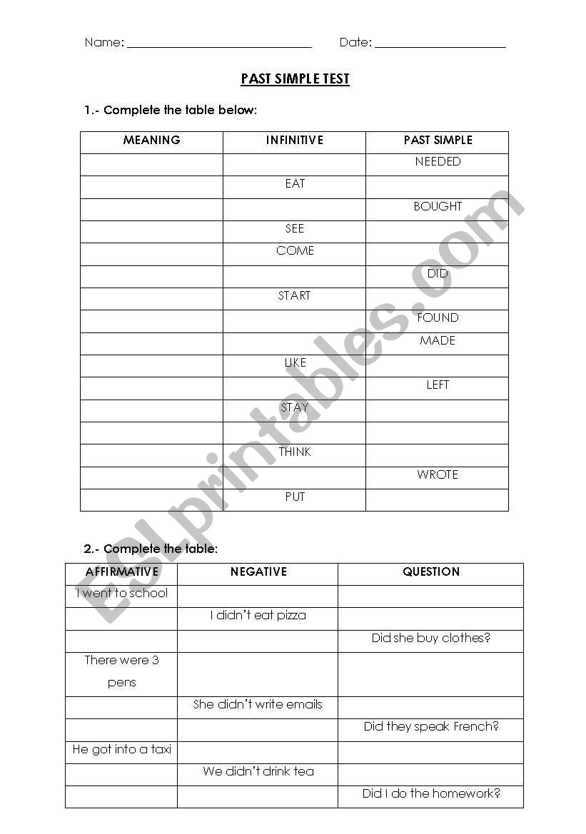 Past Simple Test worksheet