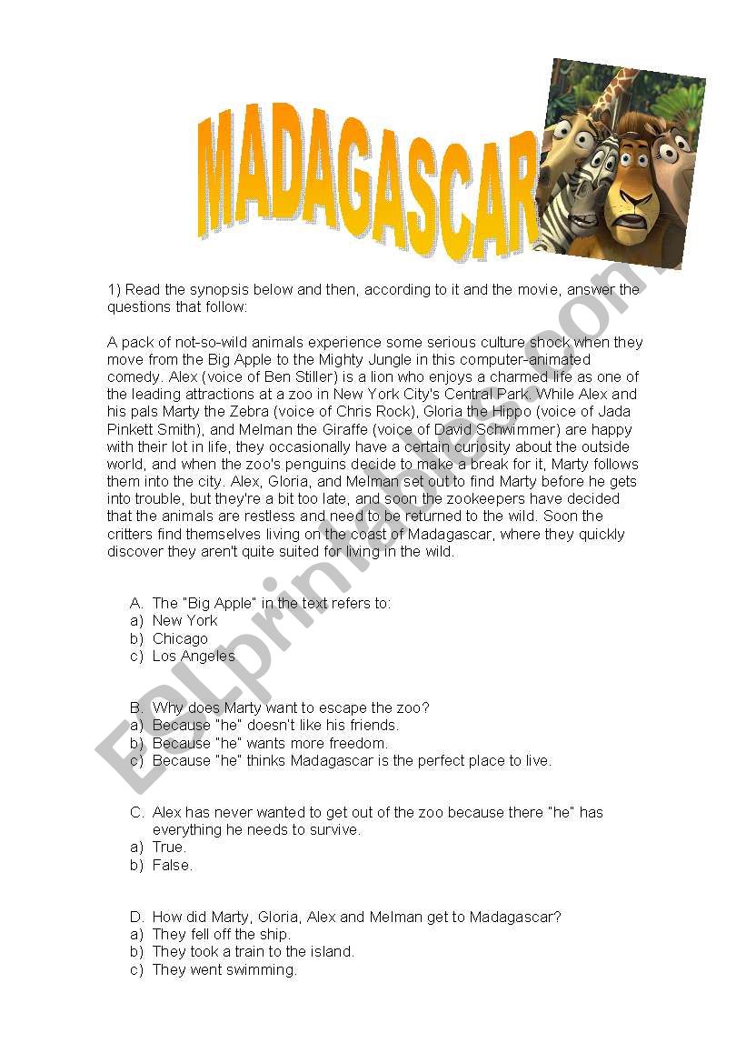 Madagascar (movie activity) - with answers!