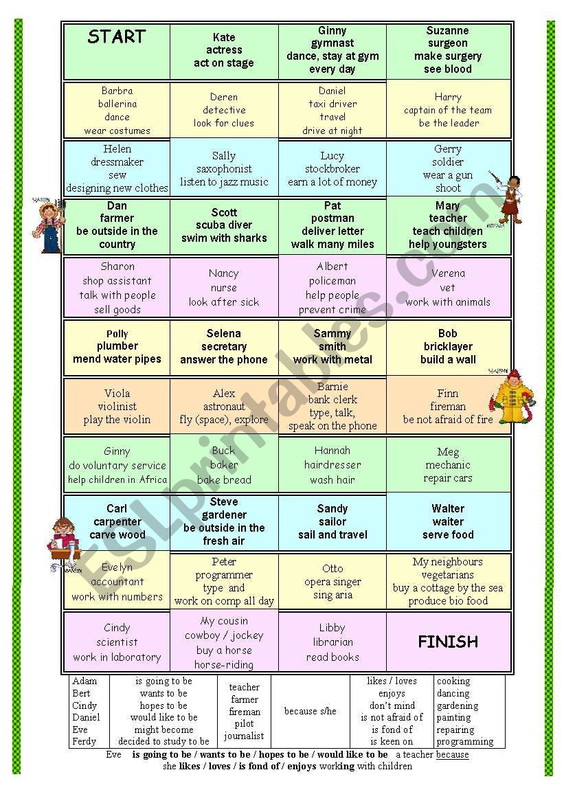 FUN Jobs BOARDGAME + routine / gerunds - 20 EXERCISES / GAMEs + key + BW + Teachers notes ((8_PAGES))