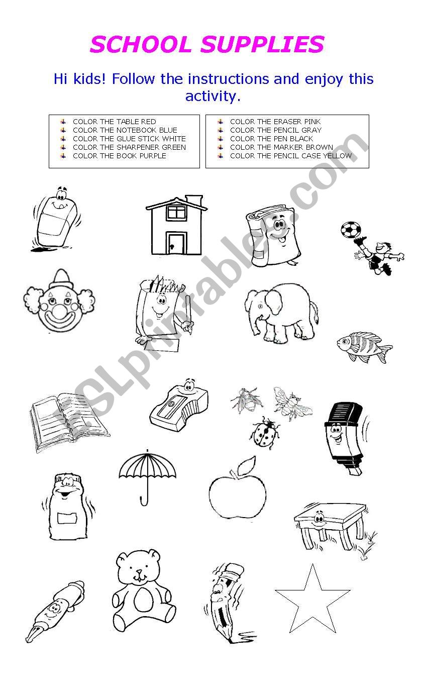 SCHOOL SUPPLIES AND COLORS worksheet