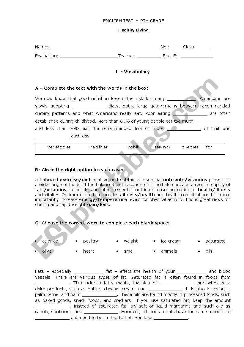 Test 9th grade - Healthy eating/living