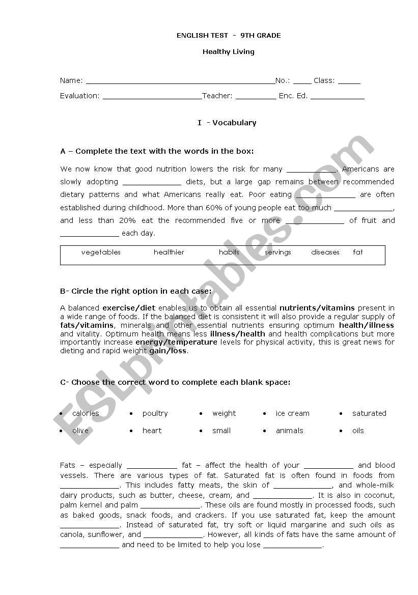 Test 9th grade - Healthy eating/living