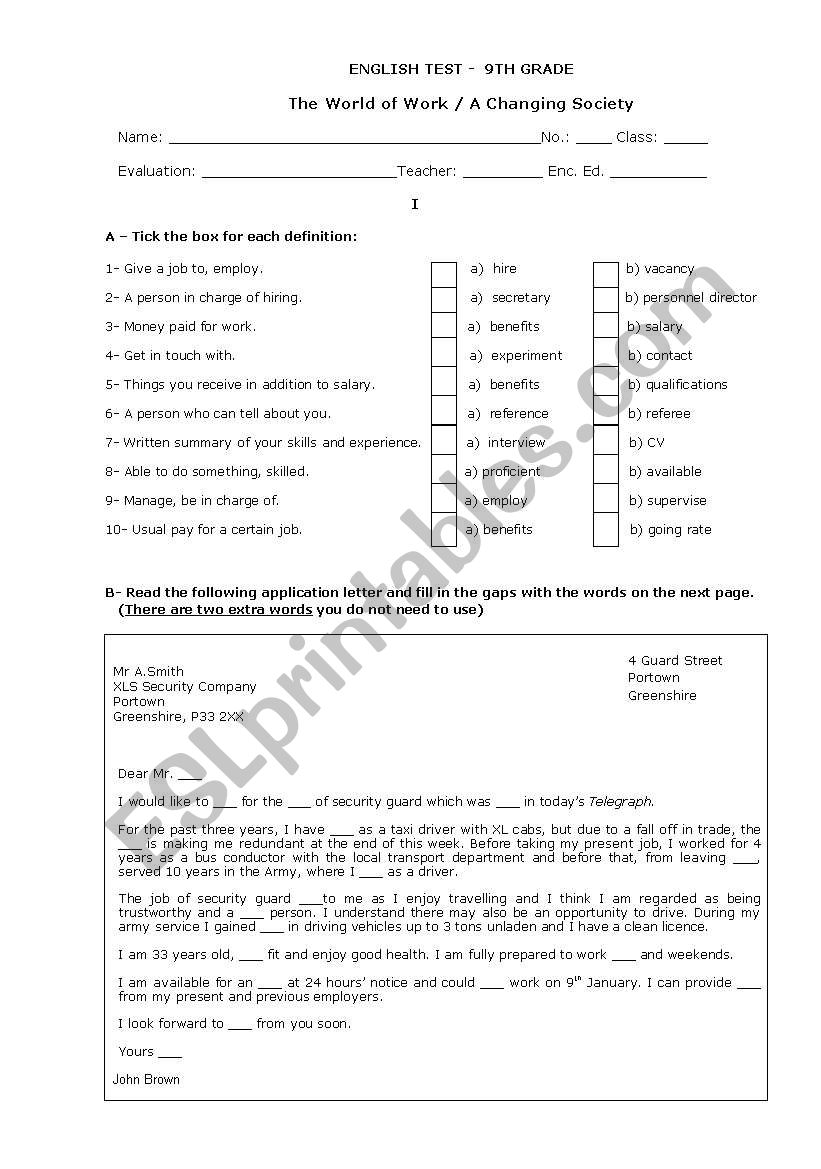 test 9th grade: The world of work