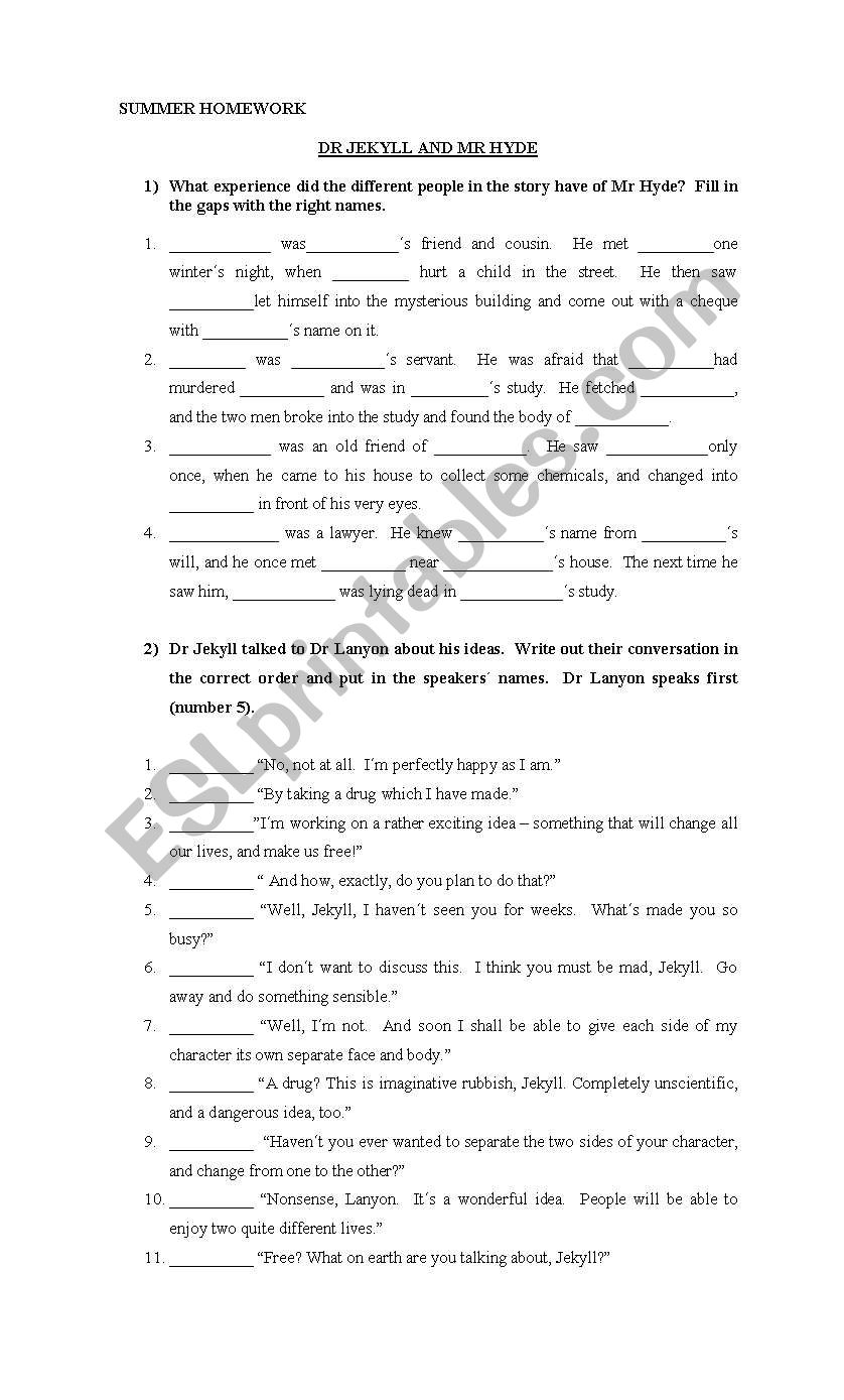 DrJekyll and Mr Hyde worksheet