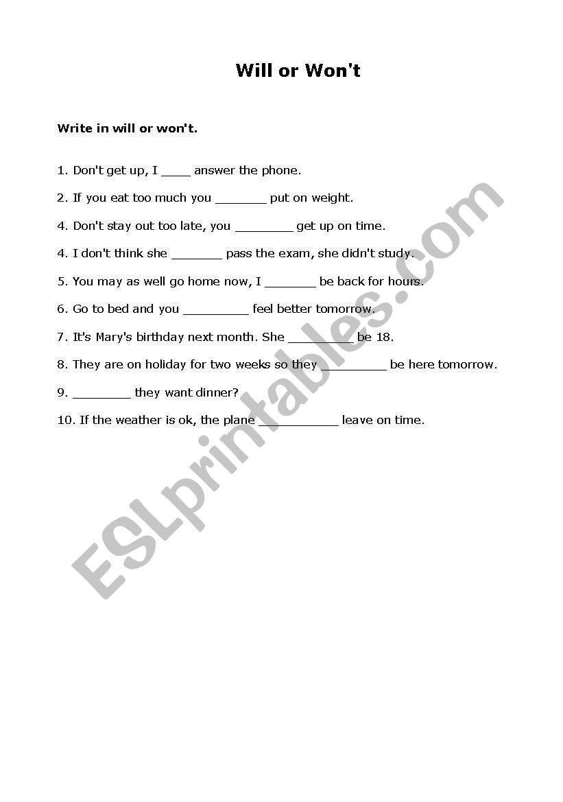 Will or Wont worksheet