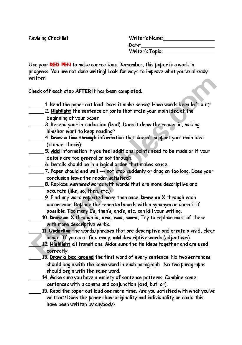 Revision Checklist worksheet