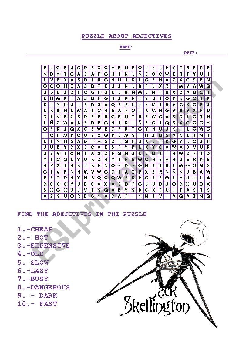 Puzzle about adjectives worksheet