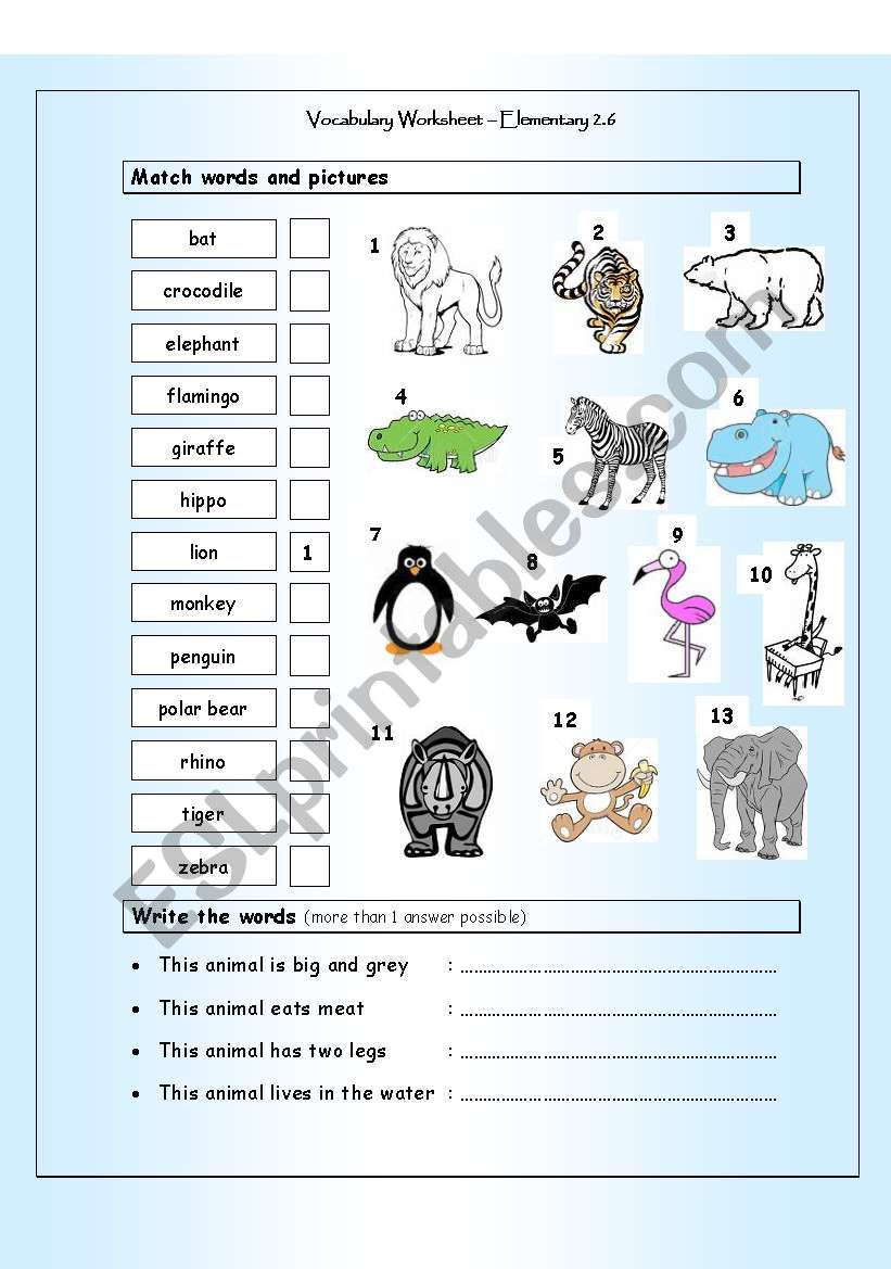 Vocabulary Matching Worksheet - Elementary 2.6 - WILD ANIMALS