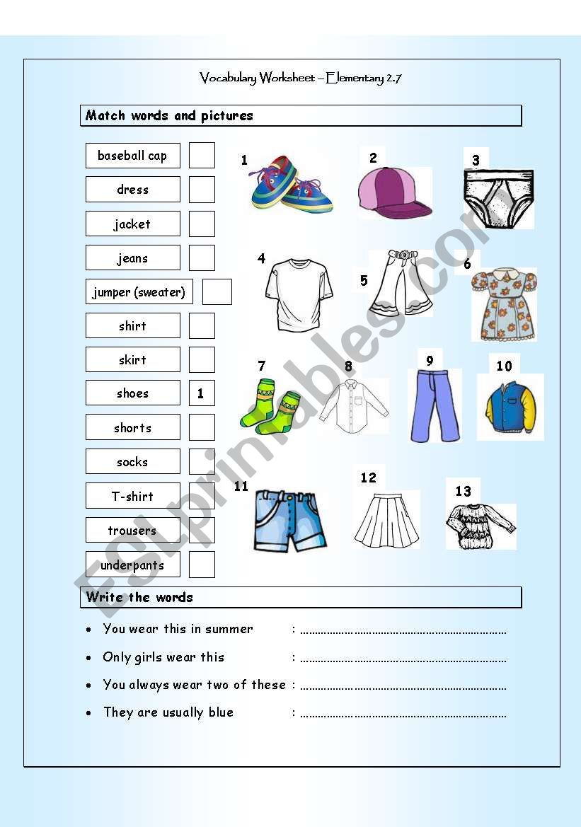Vocabulary Matching Worksheet - Elementary 2.7 - CLOTHES