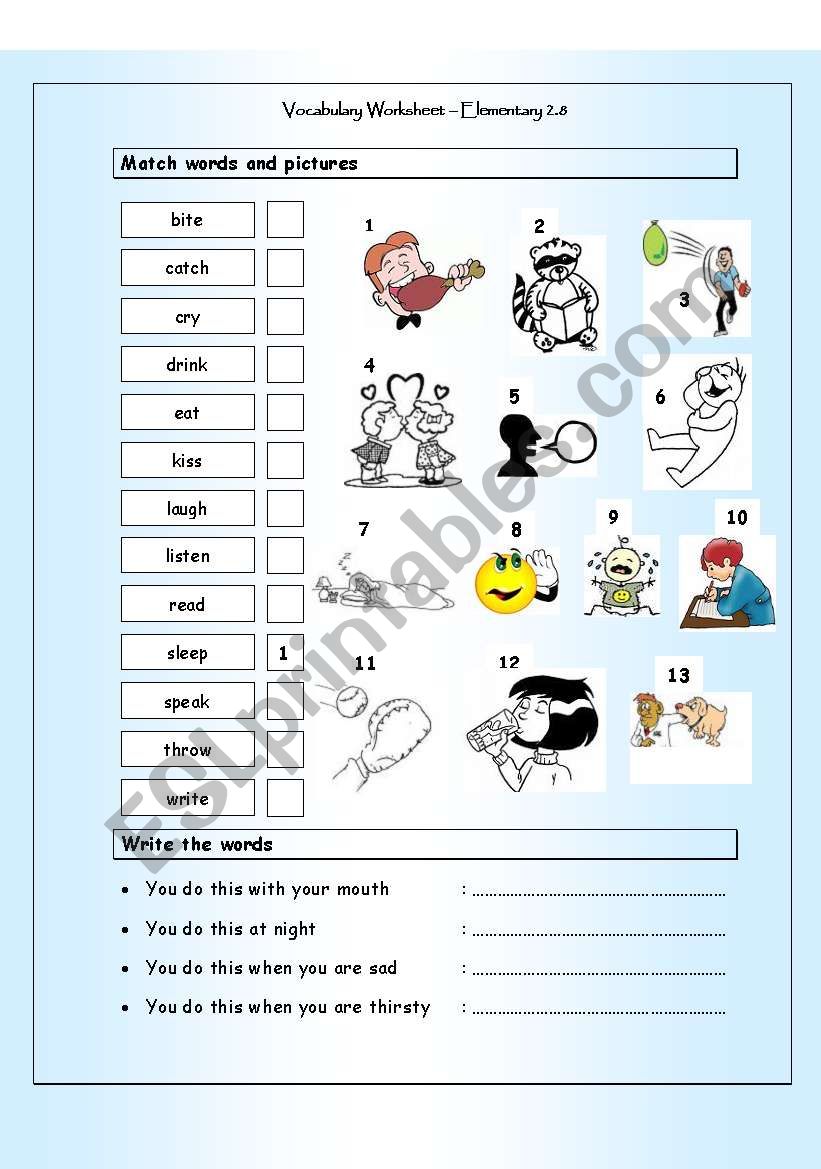Vocabulary Matching Worksheet - Elementary 2.8 - ACTION VERBS (2)