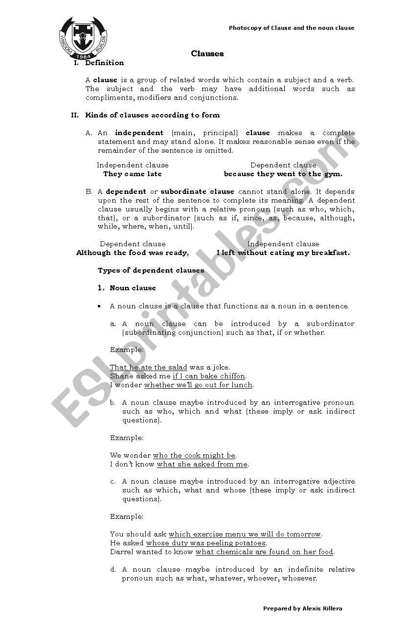 Clauses worksheet