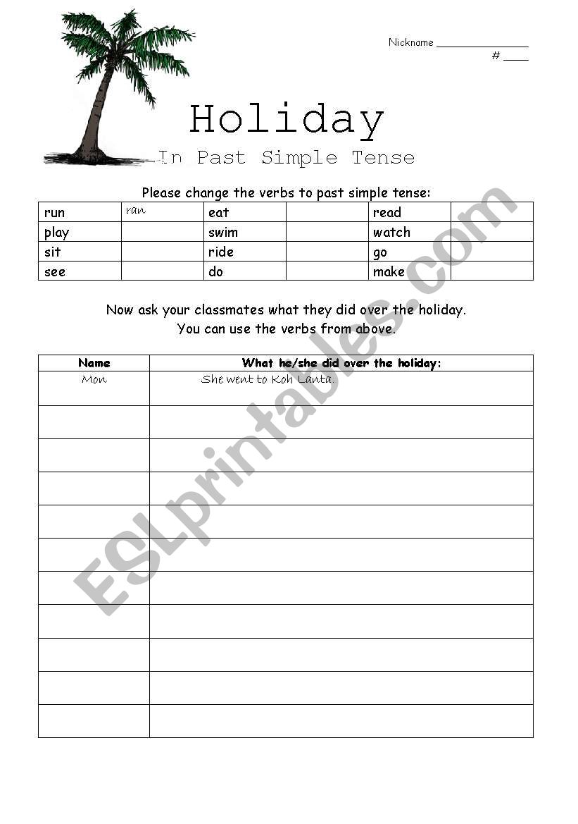 English worksheets: Holiday worksheet in past simple tense