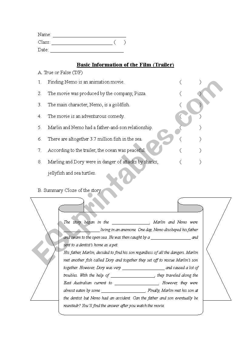 Worksheet for Finding Nemo worksheet