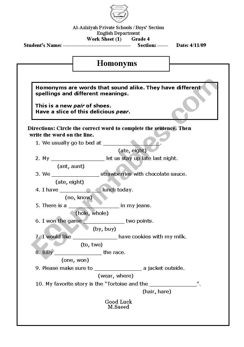 Homonyms worksheet