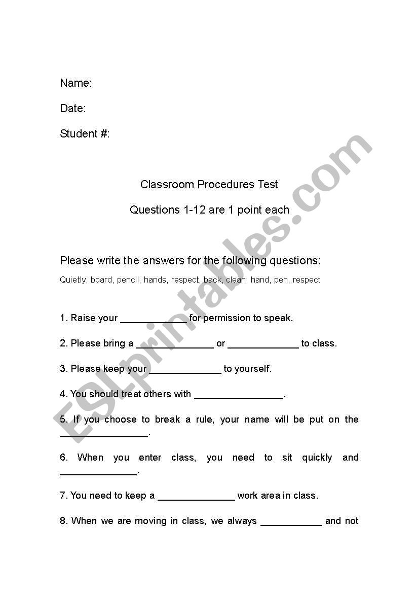 Classroom Rules Test worksheet