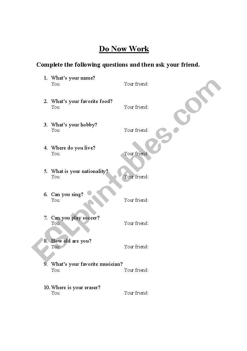 Personal Questions worksheet