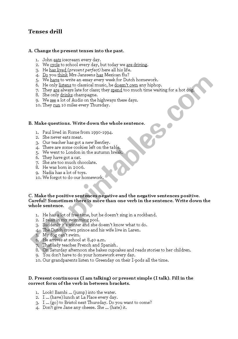 Tenses drill worksheet